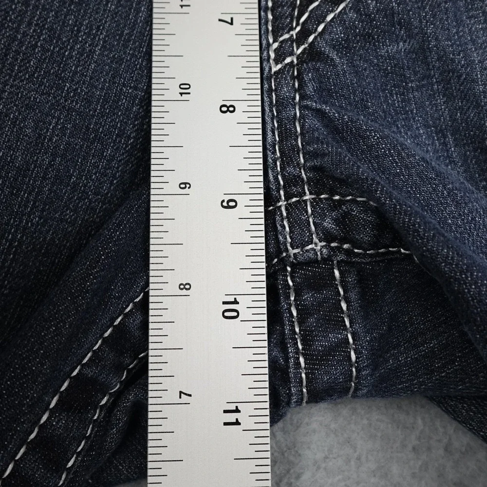 True Religion Straight Jeans Mens 34 Blue Medium Wash Flap Pockets White Stitch